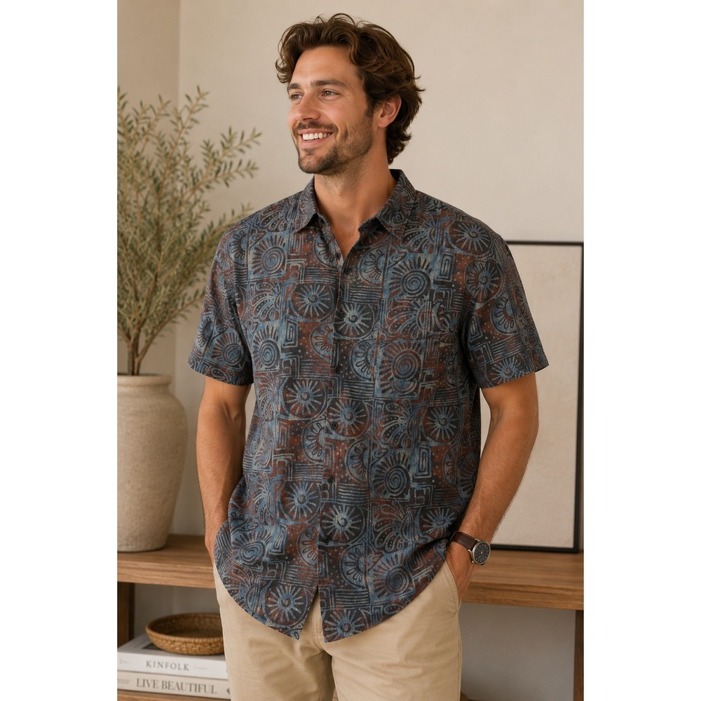 COOFANDY Shirt Mens Medium‎ Blue Brown Tribal Abstract Boho Summer Casual